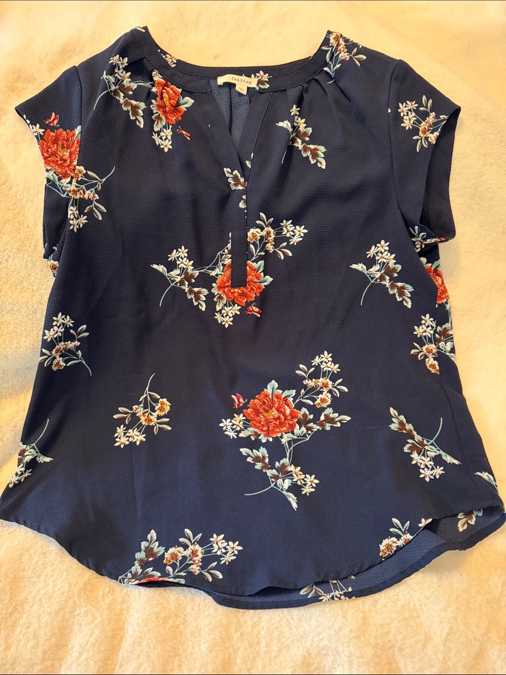 fun 2 fun Navy Floral Split-Neck Blouse with Red Accents